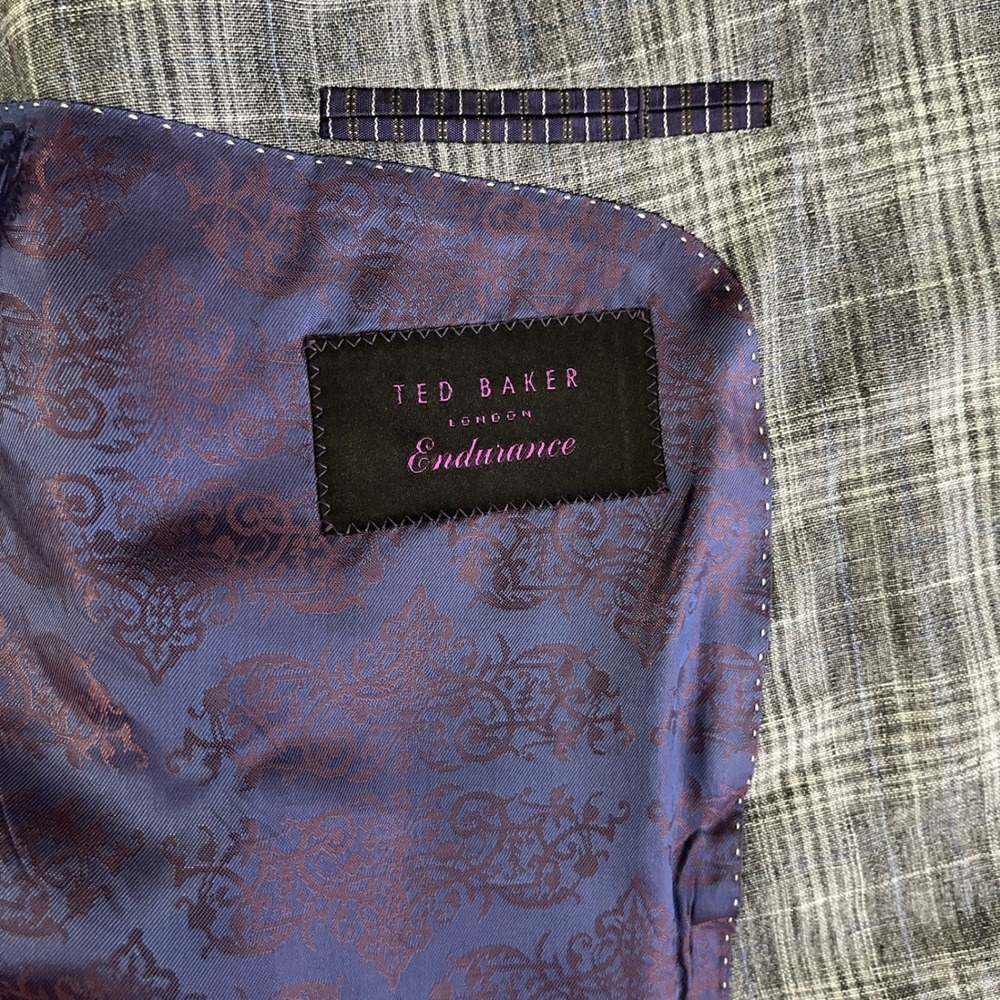 Ted Baker Sport Coat Mens 42L Grey Plaid 100% Linen Two Button Blazer - Picture 4 of 6